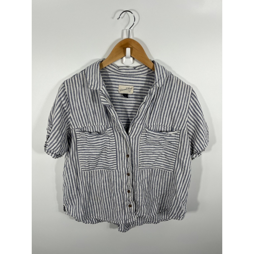 Universal Thread Womens Linenโ Blend Button Up M Grey White Stripe Euro Summer